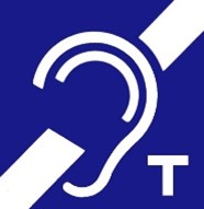 White symbol on a blue background with the outline of an ear with a slash through it with the letter T underneath
